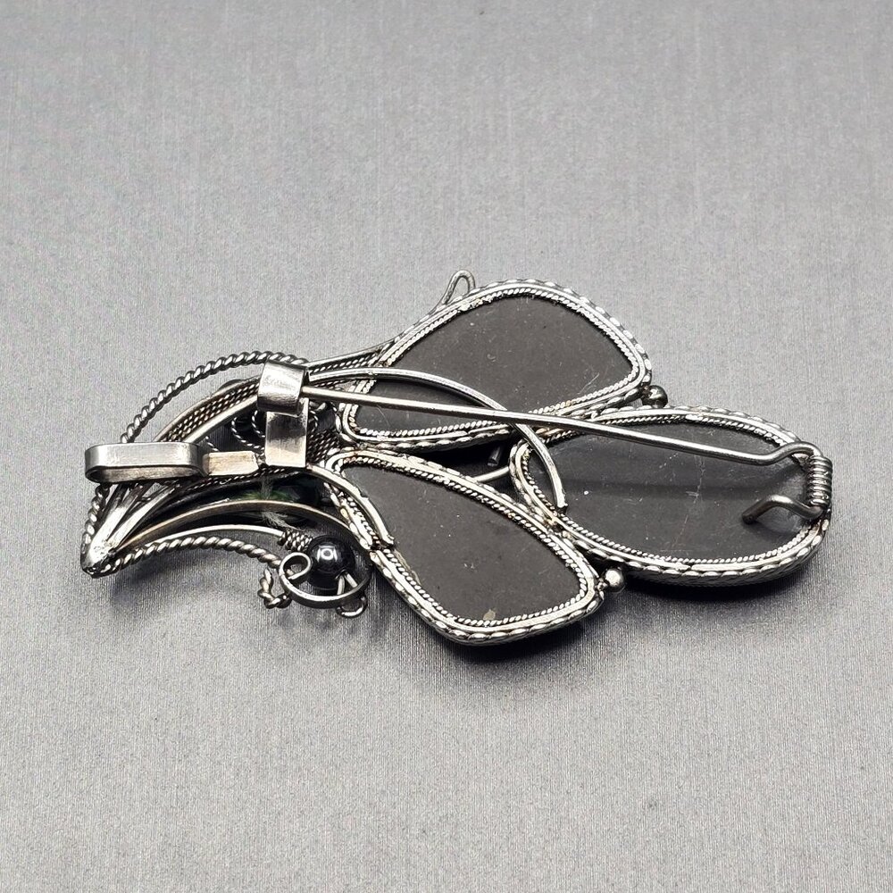 VTG Goldstone Leaf Brooch Pendant 2.25" Silver Tone Green Glass Hematite Accents - Picture 5 of 11